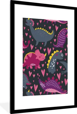 Produktbild von MuchoWow® MuchoWow® Gerahmtes Poster Dinosaurier - Kind - Muster - Rosa - Mädchen 60x90 cm - Poster mit zchwarzem Bilderrahmen - Dekoration - Wandposter Wohnzimmer - Hochwertig
