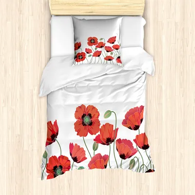 Produktbild von ABAKUHAUS Blumen Mantele, Natürliche Mohnblumen-Garten, Milbensicher Allergiker geeignet mit Kissenbezügen, 135 cm x 200 cm - 80 x 80 cm, Orange Grün