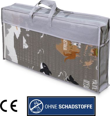 Spielmatte Krabbelmatte Faltbar Wendbar Abwischbar Tier Motiv Weltkarte Grau Beige Grösse 180x200 cm
