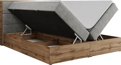 Produktbild von Boxspringbett, Doppelbett mit bettkasten und Multipocket-Matratze, Polsterbett mit Kopfteil, Eiche Holzrahmen - Albero-2 - 160x200cm - Hellgrau Struktur - H3