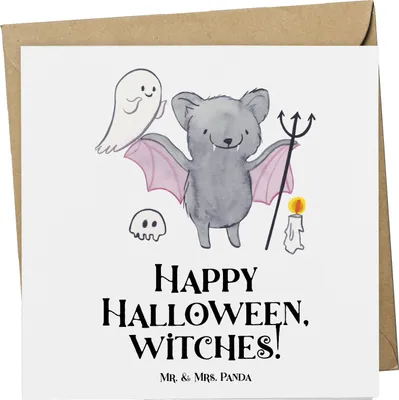 Produktbild von Mr. & Mrs. Panda Klappkarte Halloween Hexen - Weiß - Geschenk, Geschenke, faltkarte, Freude teilen, doppelkarte, Gruselparty, Halloween-Deko, Grußkarte, Feiertag