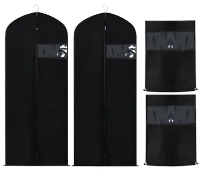 Produktbild von 2 lange Kleidersäcke & 2 Schuhsäcke – mit Reißverschluss und mottensicher – zur Aufbewahrung von Anzügen, Kleidung und Hemden – Schwarz – 120 cm x 60 cm