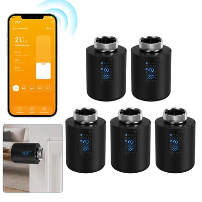 Obrázek produktu pro Chytrý termostat pro radiátory Peviasot, WiFi, ovládání přes aplikaci, kompatibilní s platformami Smart Life/Tuya, černý, sada 5 kusů, včetně 7 adaptérů pro ventily
