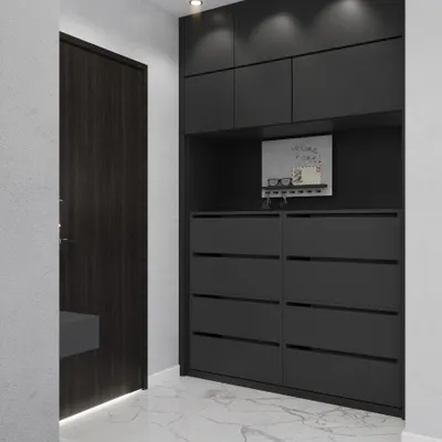 A modern entryway with a dark wood door and a sleek, modular gray matte shoe cabinet.