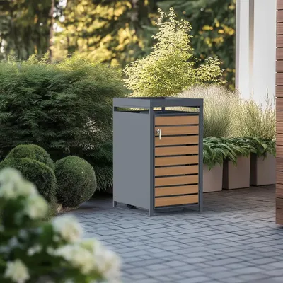 Produktbild von PPbin | Mülltonnenbox, Mülltonnenverkleidung - 1 x 240 Liter - 68x80x124cm - Müllbox, Müllhaus, Grau & Holzimitation, NatureBOX