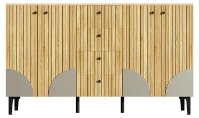 Imagen del producto de Buffet con apariencia de madera, con 4 puertas acanaladas, 4 cajones, dimensiones: 160 x 36 x 94 cm