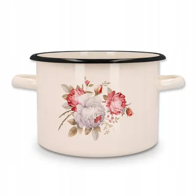 Produktbild von Kuketo | Emaille Kochtopf 2 L Mit Griffen – Induktion & Alle Herdarten – Creme Topf Mit Rosen Motiv Robust, Hygienisch, Hitzebeständig & Stilvoll