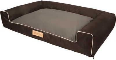 A brown dog bed with a gray cushion is shown against a white background.