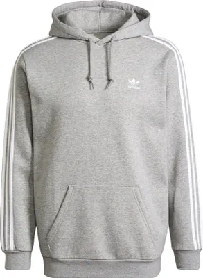 A plain studio shot of a grey Adidas hoodie.