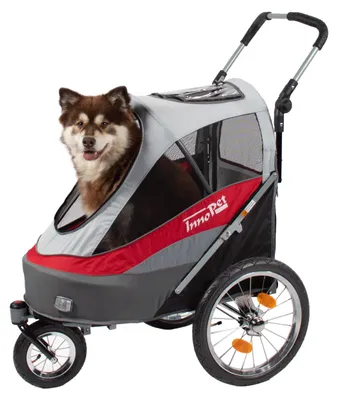 Produktbild von Hundebuggy & Fahrradanhänger für Hunde - Innopet Sporty Dog Trailer Deluxe Hundeanhänger für Fahrrad - Rot/Weiß - zusammenklappbar - mit Regenschutz - Luftreifen - Fahrradkit inklusive