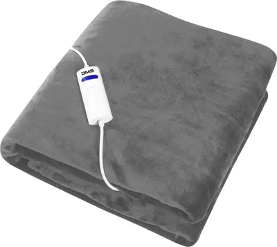A folded gray electric blanket with a white controller attached.