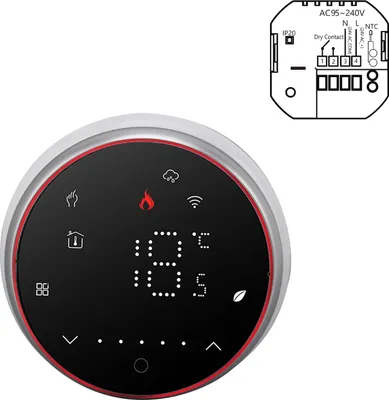 Obrázok produktu pre Bezdrôtový inteligentný termostat WiFi s LED displejom a hlasovým ovládaním cez aplikáciu AC95~240V Energeticky úsporný inteligentný okrúhly termostat pre kotlové kúrenie Čierny