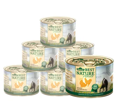 Produktbild von Dehner Best Nature Katzenfutter, Nassfutter, für ausgewachsene Katzen, Geflügel / Leber / Haferflocken, 6 x 200 g (1.2 kg)