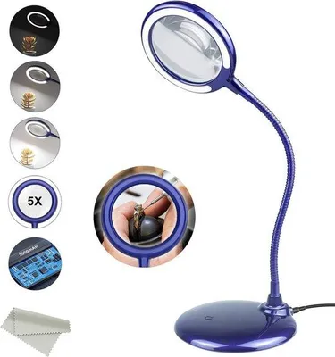 Zdjęcie produktu dla Niebieska lampka do czytania z 28 diodami LED i szkłem powiększającym 5-krotnym