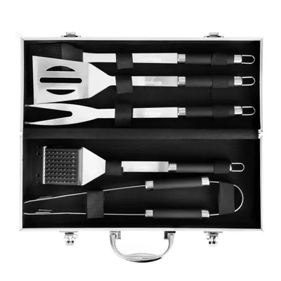 Immagine prodotto di Set di utensili da barbecue LEHMANN in valigetta, 5 pezzi in acciaio inossidabile - pinze da barbecue, spatola, forchetta, spazzola e pennello in silicone