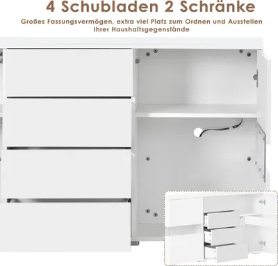 Produktbild von okwish LED TV-Ständer Sideboard Hochglanz Weiß Kommode Schrank mit 4 Schubladen 2 Türen für Esszimmer Wohnzimmer
