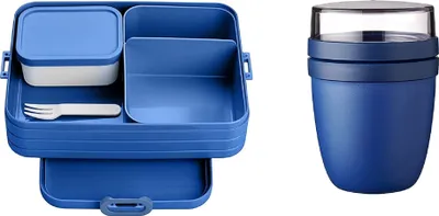 Produktbild von Mepal 2-tlg Starter Set Snacks to go – Bento-Lunchbox Large mit Lunchpot – praktischer Müslibecher – Brotdose mit Fächern, geeignet für bis zu 8 Butterbrote, TPE/pp/abs, 0 mm Vivid Blue