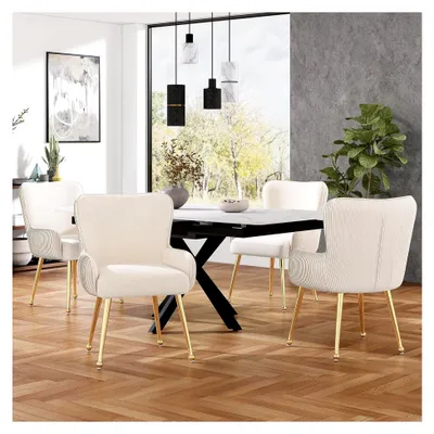 Produktbild von Samt-Esszimmerstuhl Lounge-Stuhl 4er-Set mit goldenen Metallstützbeinen, Armlehnen, Lendenwirbelstütze und verstellbaren Füßen für Wohnzimmer und Schlafzimmer in Beige