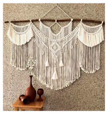 Produktbild von Großer Makramee Wandbehang Böhmisches Wanddekor Makramee Wandteppich Über dem Kopfteil Kunsthandwerk Gewebter Wandteppich Hochzeit Dekoration mit natürlichem Holzstab, 97 cm B x 80 cm L