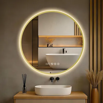 Image de S'AFIELINA Miroir Salle de Bain LED Rond 80 cm avec Éclairage, cadre doré,3 températures de couleur, variateur, antibuée, horloge & température