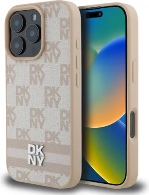 Zdjęcie produktu dla DKNY, eleganckie etui do iPhone'a 16 Pro w kratkę i paski, różowe