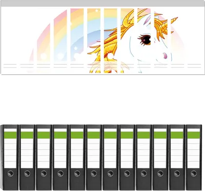 Produktbild von Wallario 12 Stück breite Ordner inkl. Klebeetiketten mit Motive Weißes Einhorn vor einem Regenbogen -  Set mit Rückenschildern / Ordnerrücken Stickern