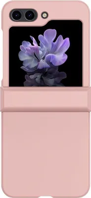 A pink flip phone case with a floral image displayed on the phone screen.