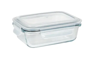 A clear glass food storage container with a clear lid and gray seal.