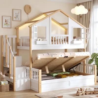 Produktbild von Merax Etagenbett 90x200+140x200cm mit hydraulisches Unterbett, Massivholz-Hochbett mit LED und Stauraumtreppe, Kinderbett Hausbett mit Fenster, Weiß