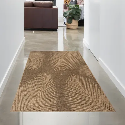 Obrázek produktu pro Stylový vnitřní a venkovní koberec se vzorem tropických listů v béžovo-hnědé barvě Velikost - 80 x 150 cm