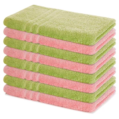 Zdjęcie produktu dla Zestaw 8 ręczników Lavea® 50 x 100 cm, Elena, 100% bawełna, ręcznik frotte, ręcznik sportowy, można prać w temperaturze 60°C, zestaw ręczników, jasnozielony i pastelowy różowy