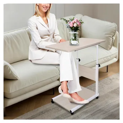 Produktbild von Höhenverstellbarer Beistelltisch mit Rollen, Laptoptisch in C-Form aus Holz, Sofatisch für Schlafzimmer und Wohnzimmer