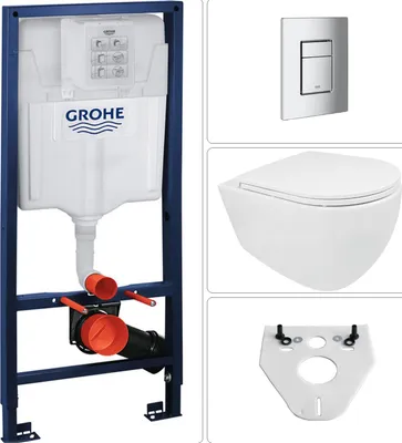 Produktbild von BB INFINITY Wand WC spülrandlos mit SoftClose WC-Sitz & GROHE Vorwandgestell + SKATE Cosmopolitan Betätigungsplatte, chrom