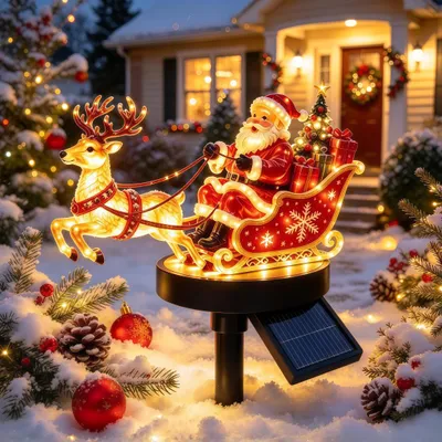 Produktbild von Weihnachtsmann auf Rentierschlitten Solar-Gartenstecker, Nacht-Automatik, wetterfest, für Garten, Terrasse, Beet, Weihnachtsdeko, Außendekoration,80cm