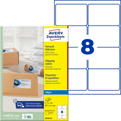 Produktbild von Avery Zweckform J8165-25, Versand-Etiketten, A4, 99,1 x 67,7 mm, 200 Etiketten / 25 Bögen, weiß