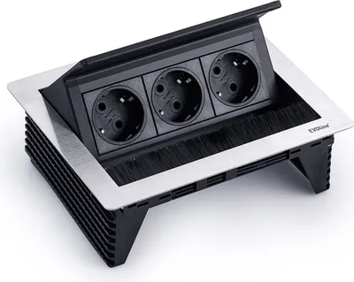 A pop-up power strip with three European-style outlets and a brush seal, shown from a slightly elevated front-side angle on a white background.