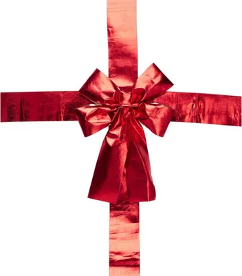 A red metallic bow with ribbon streamers, isolated on a white background.