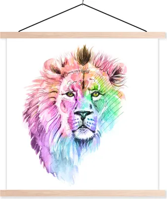 Produktbild von MuchoWow® Textilposter Löwen - Illustration - Farben 120x120 cm mit holzfarbenen Rahmen - Textil-Poster