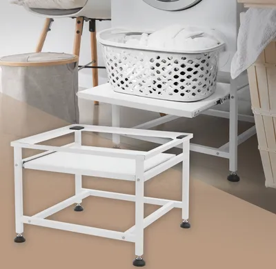 Produktbild von ML-Design Waschmaschinen-Untergestell mit ausziehbarer Ablage, Weiß, 62,5x53,5x45cm Stahl, bis 150kg, Waschmaschinensockel Trocknersockel Unterschrank