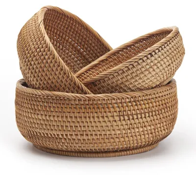 Image de Ensemble de 3 paniers de rangement - Paniers ronds en rotin - Tressés à la main - Empilables - Couleur naturelle - Structure robuste - Panier de rangement