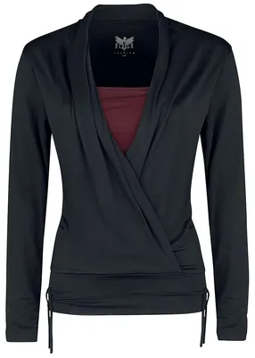 Produktbild von Black Premium by EMP Damen schwarzes Langarmshirt in Wickeloptik mit farbigem Einsatz S