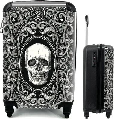Produktbild von MuchoWow, Kabinenkoffer Trolley, Totenkopf-Design, 55x35x20 cm, 4 Rollen, Zahlenschloss, 2.6 kg, stabile, kratzfeste gerippte Rückseite, gekreuzte Riemen innen