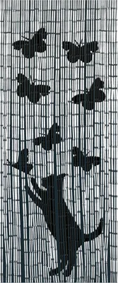 A black silhouette of a cat playing with butterflies against a background of vertical bamboo strips.