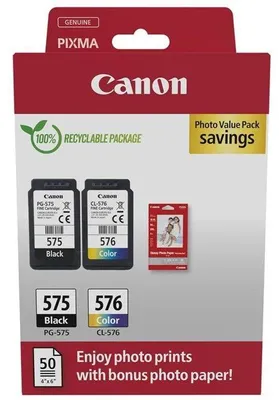 Imagen del producto de Paquete de cartuchos de tinta Canon PG-575 y CL-576, y a color, con papel fotográfico