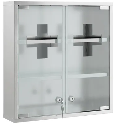 Produktbild von Medizinschrank, Abschließbarer Medikamentenschrank mit 2 Schlüsseln, Glastür und 6 Regalen, 48 x 46 x 12 cm, Silber