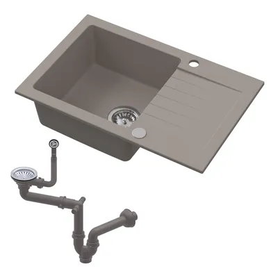 Produktbild von HOMEVELLO Spülbecken PIXANO Einbecken Granitspüle 68x44x20cm Beige, Hochwertige Küchenspüle mit Siphon, Abtropffläche, Pflegeleicht, Kratzfest, Moderne Design, Perfekt für jede Küche