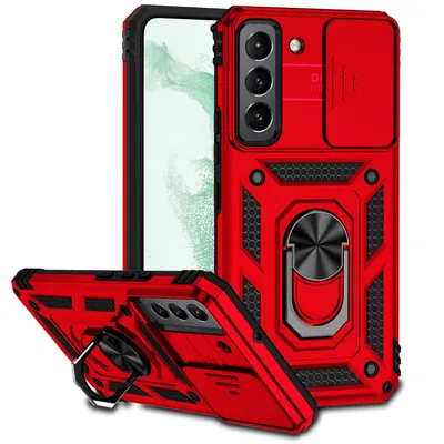 Immagine prodotto di Custodia per Samsung Galaxy S23+ a doppio strato con copertura scorrevole della fotocamera e supporto ad anello rosso