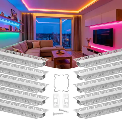 Zdjęcie produktu dla VEVOR Profil LED, opakowanie 10 sztuk, 2 m, anodowany profil do suchej zabudowy z mleczną osłoną, zaślepkami i klipsami mocującymi, profil sufitowy, montaż dyfuzora w płycie gipsowo-kartonowej, profile aluminiowe do ścian i sufitów