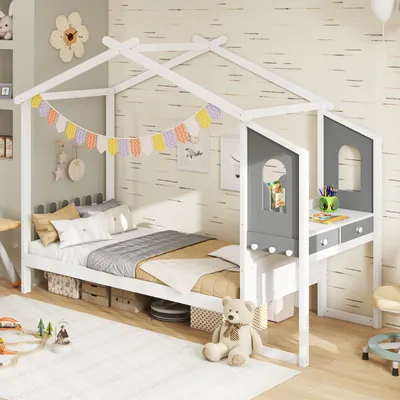 A child's bedroom with a house-shaped bed frame that includes an integrated desk.