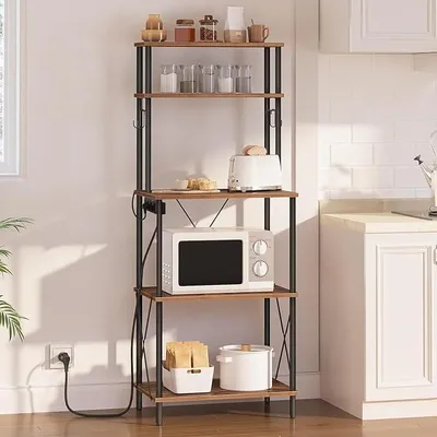 Produktbild von Küchenregal mit Steckdosen, Standregal für Küche, Mikrowellen-Regal 5 Ebenen, Bäckerregal mit Haken, 40 x 60 x 154 cm, Vintagebraun und Schwarz EBF80CHB01